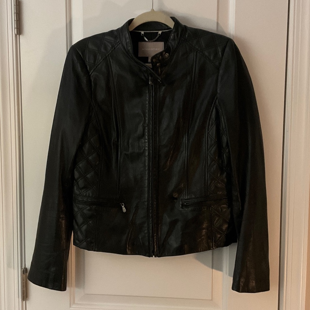 Banana Republic Black Leather Jacket with Quilted Accents